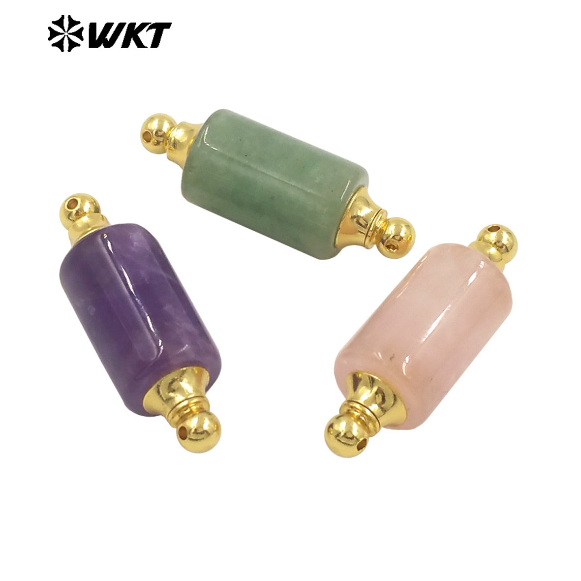 WT-P1981 Wholesale Newest Double Loops Round Cube Natural Rose Quartz Precious Stone Bottle Necklace Connector
