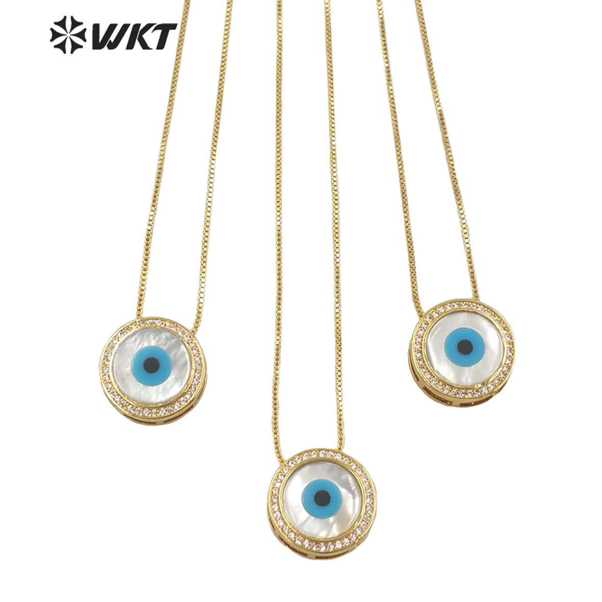 WT-MN970 Fashion 18k Real Gold Plated Micro Pave Cubic Zircon Natural Round Shell Eye Pendants Necklace Charming Eye Necklace