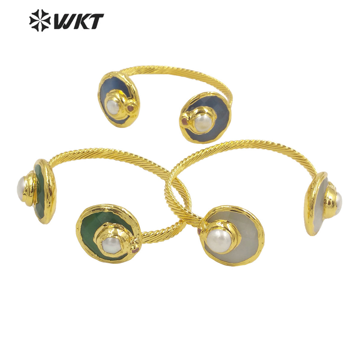 WT-B616 Wholesale Fashion Double Cat Eye Stone Bangle 18k Real Gold Plated Resist Tarnishable Pearl Charm Bangle