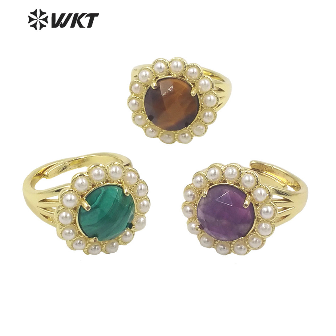 WT-MPR079 Wholesale Fashion 18K Real Gold Plated Round Gemstone Malachite Natural Stone Lady Ring Popular INS Hot Women Ring