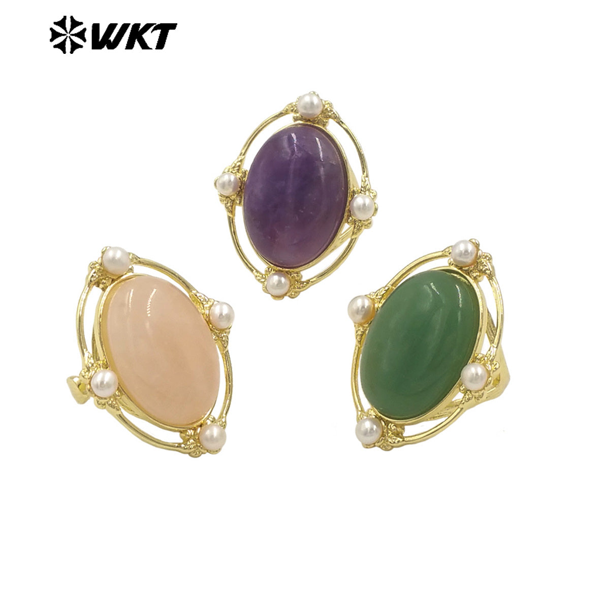 WT-R541 Wholesale Fashion Gold Plated Retro Natural Gemstone Lapis Amethyst Oval Stone With Pearl Beads Adjustable Women Ring