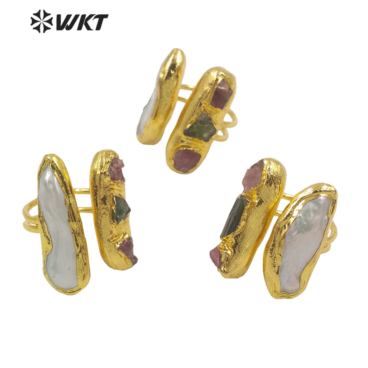 MPR017 WKT Women Gorgeous Gold Electroplated Pearl and Tourmaline Stone Ring Fashion Gemstone Cocktail Ring for Party