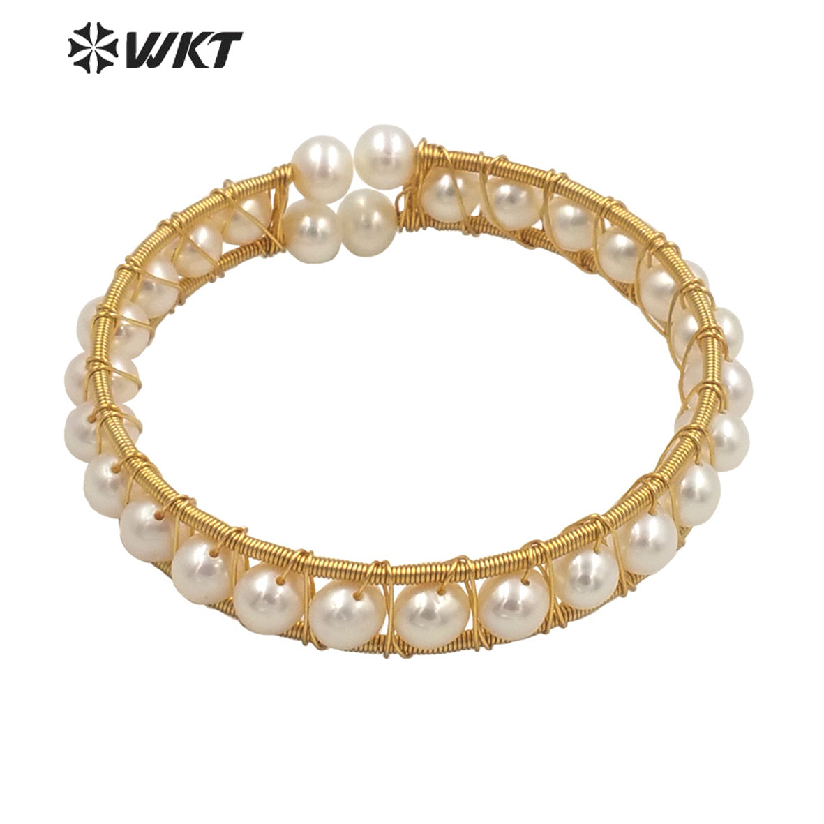 WT-MPB033 WKT Gold Gorgeous Freshwater Pearl Wire Wrapped Women Bangle High Quality Pearl Wrapped Elegant Bangle