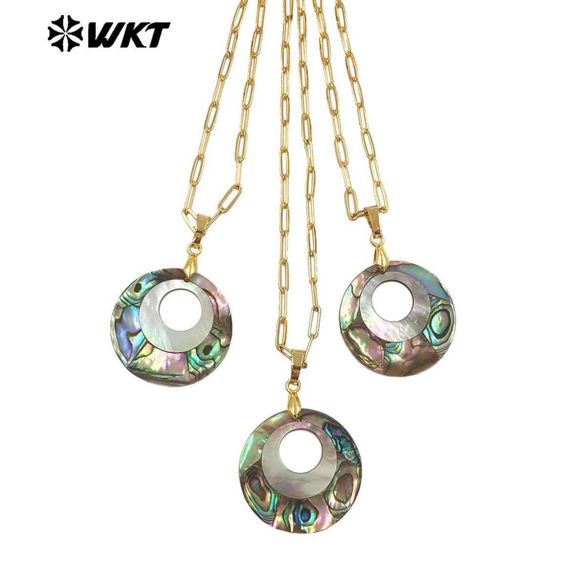 WT-JN350 Vintages Gold Electroplated Rectangle Chain With Natural Abalone Shell Round Hollow Pendant Ladies Necklace Jewelry