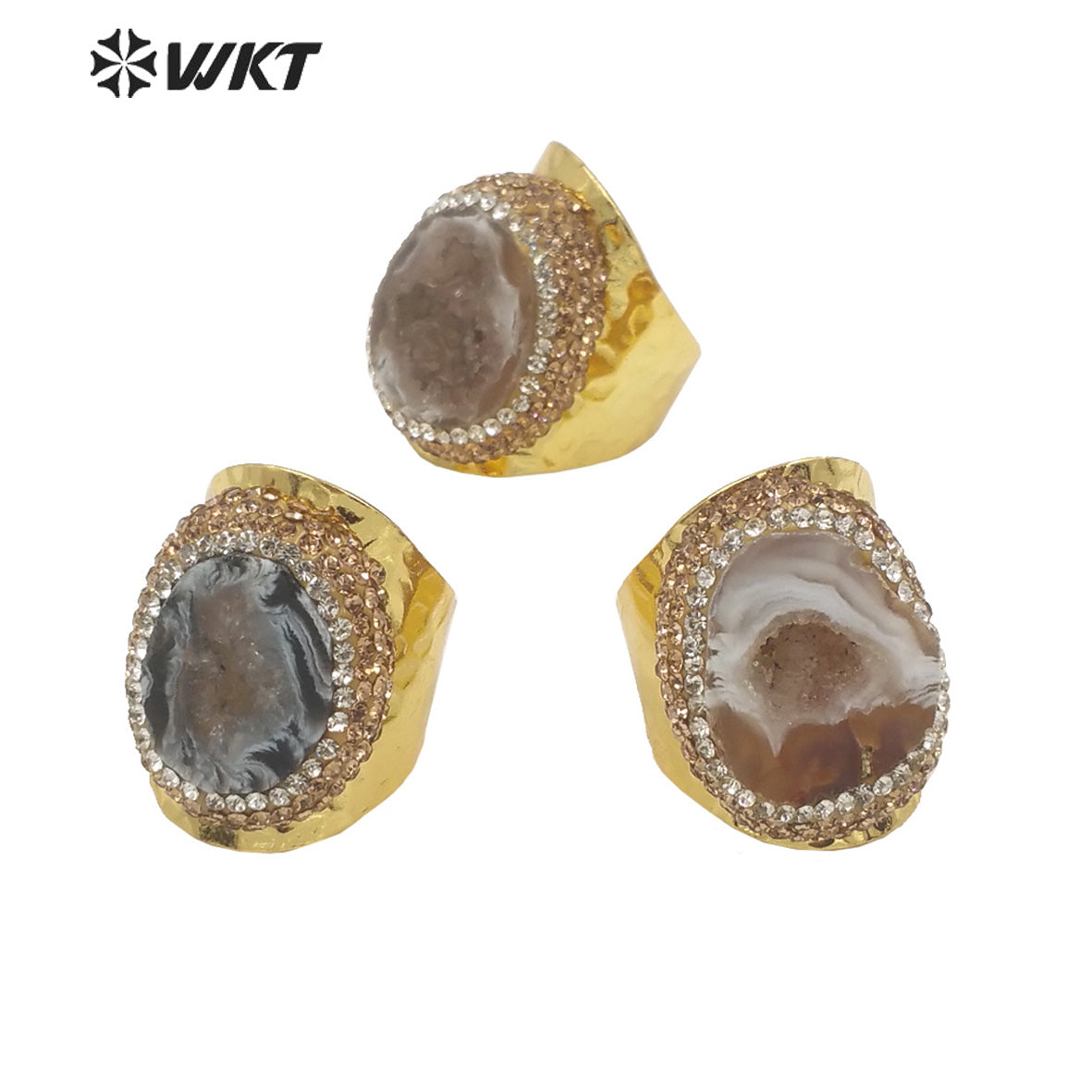 WT-R446 Amazing 18k Gold Plated Resist Tarnishable Natural Geode Agate Ring Women Wide Band Stone Cocktail Ring