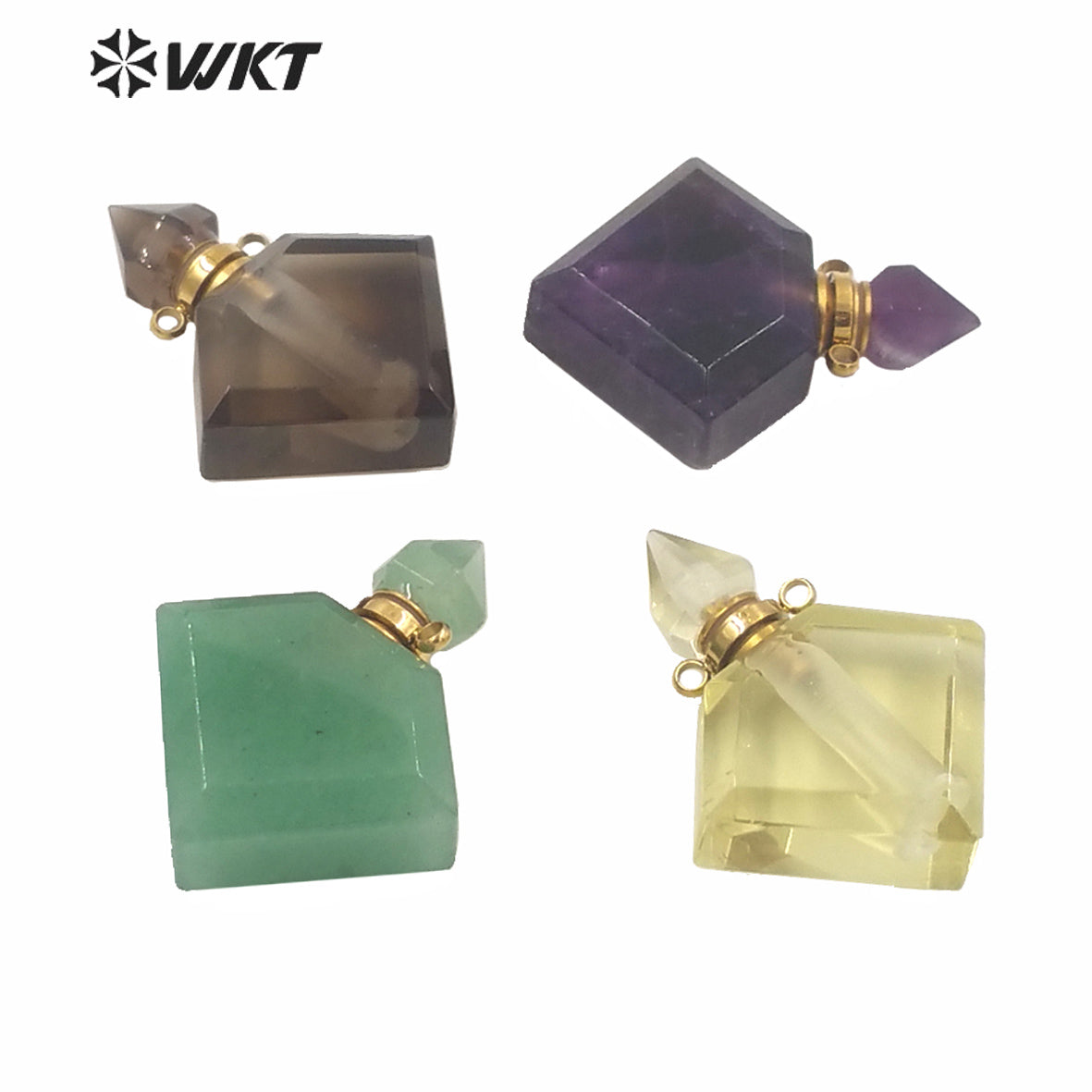 WT-P1575 Wholesale Rhombus Shape Natural Stone Essence Oil Bottle Pendant Gold Stainless Steel Components Stone Perfume Bottle