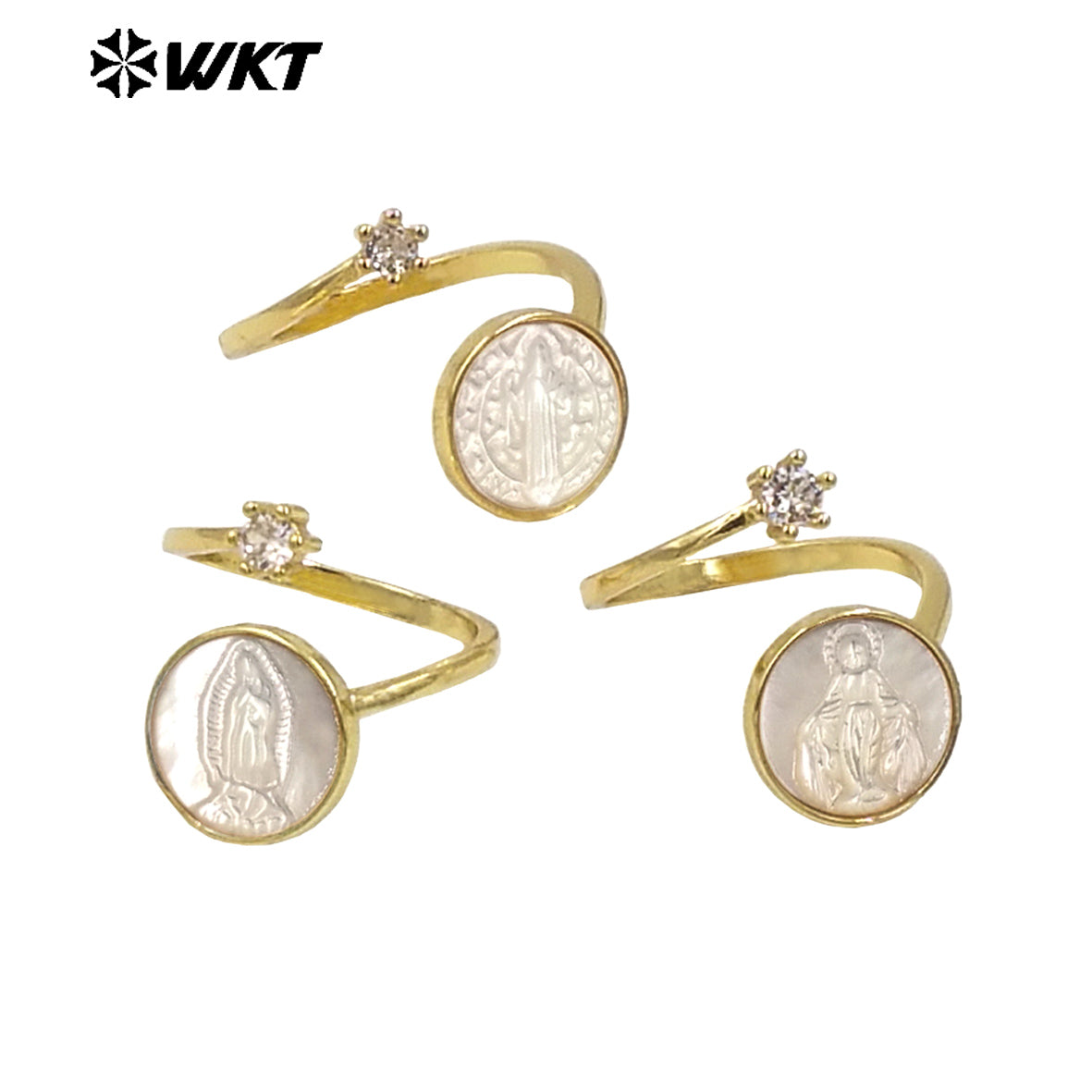 WT-MPR092 WKT New Christian Jewelry Design 18K Gold Plated Adjustable Religious Virgin Mary Ring With Zircon Stone