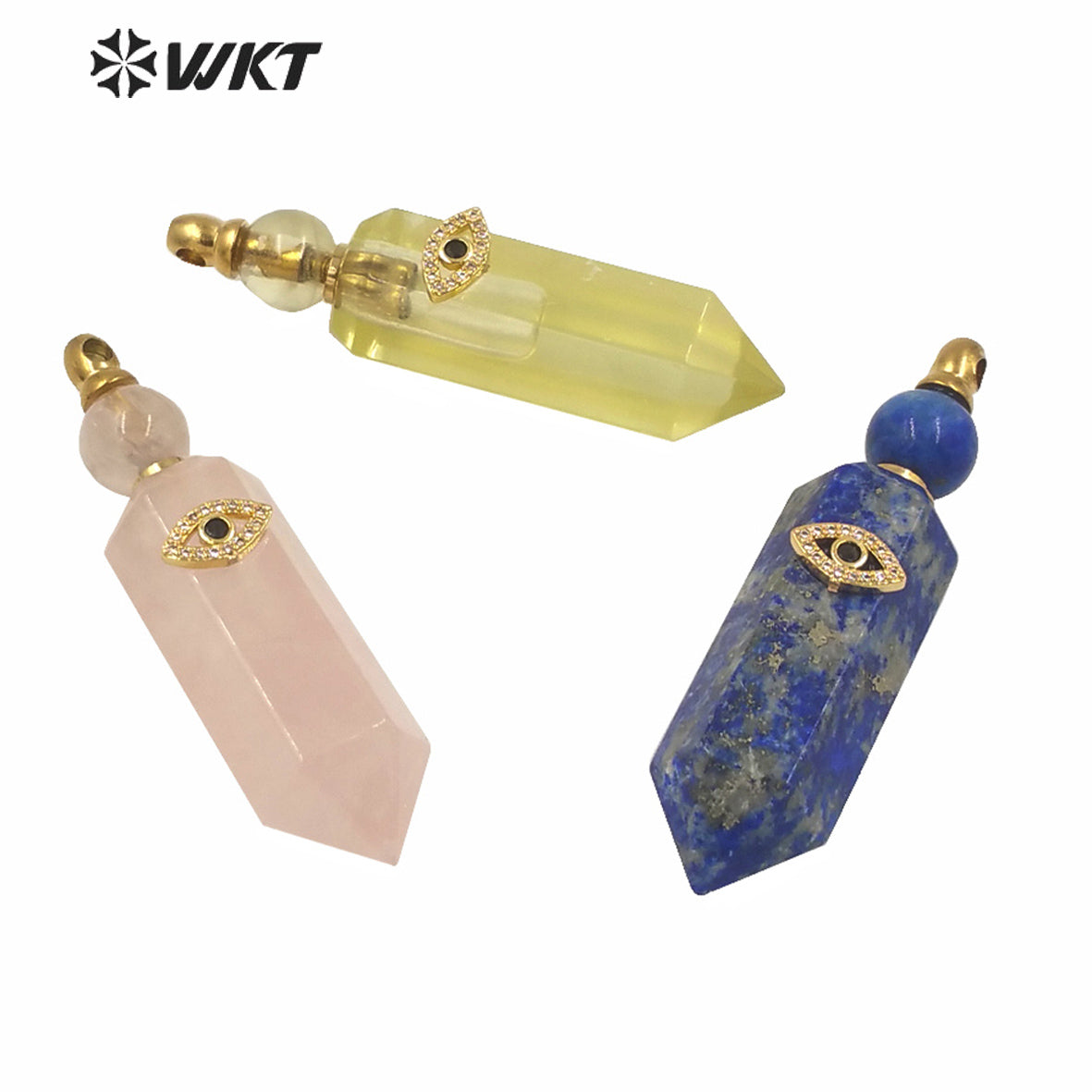 WT-P1603 NEW Charm Eye Hexagonal Spirit Point Rose Quartz Stone Perfume Bottle Women Fashion Gold Turkey Eye Perfume Pendant