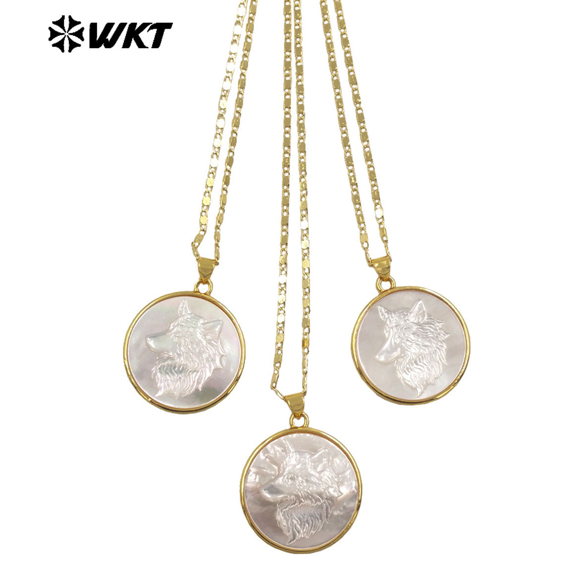 WT-JN352 High Quality Gold Plated Thin Chain With Round MOP Shell Hand Carved Wolf Pattern Pendant Necklace As Daily Jewelry