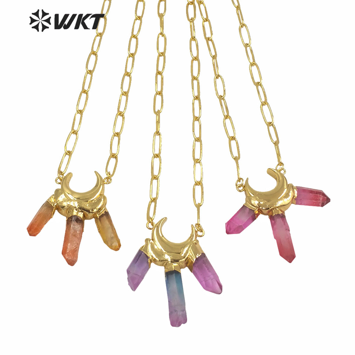 WT-N1251Wholesale New Rainbow Colorful Aura Quartz Statement Stone Necklace Fashion Triple Color Quartz Pendant Stone Necklace