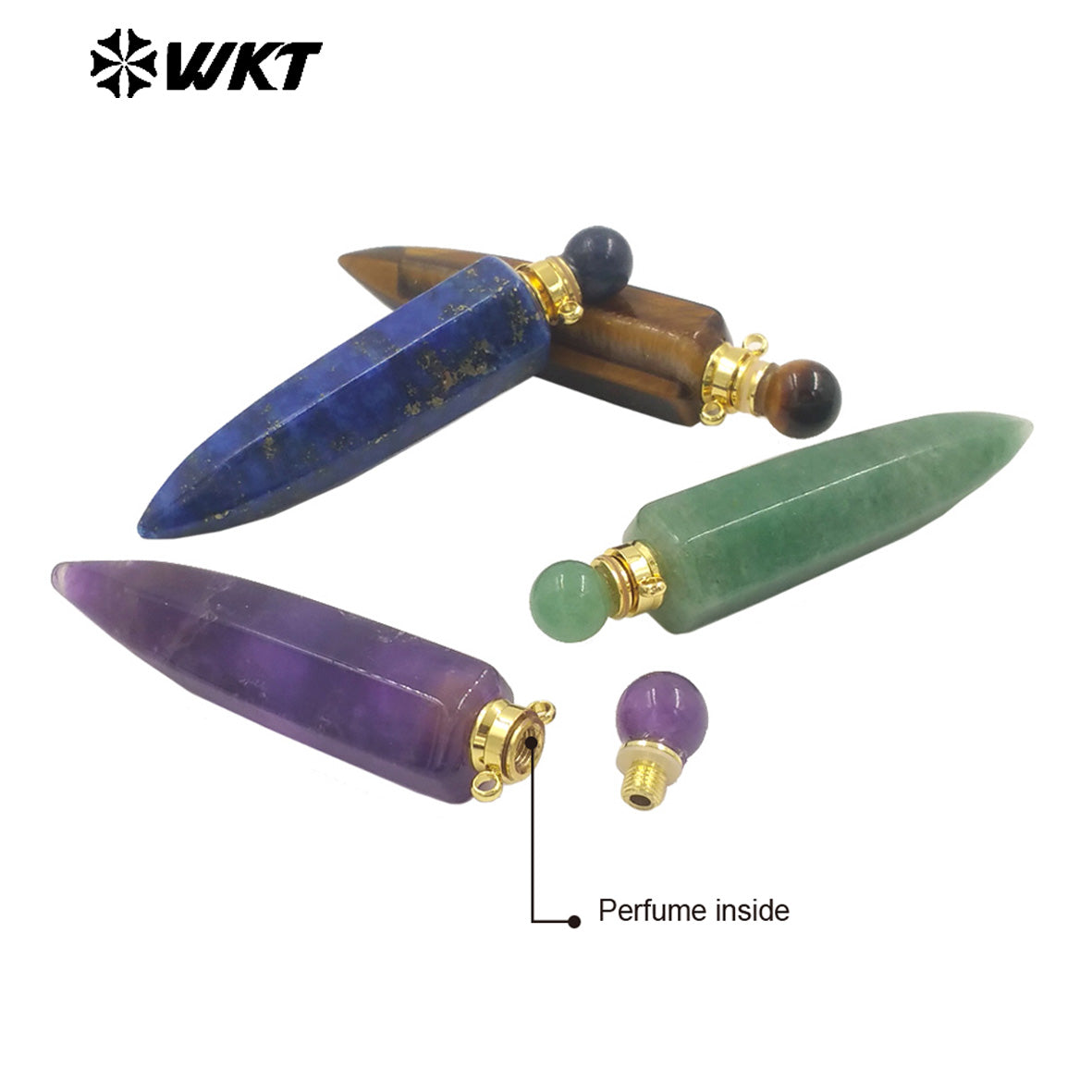 WT-P1984 Wholesale Fashion Gold Plated Long Bullet Shape Natural Lapis Amethyst Quartz Stone Made Women Perfume Bottle Pendants
