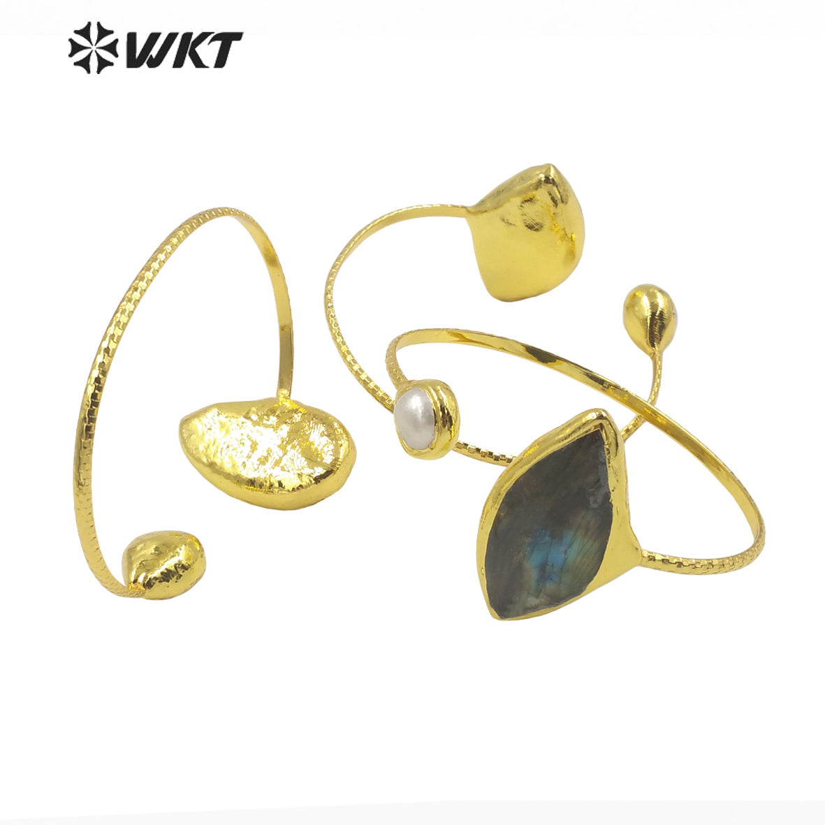 WT-B599 Fashion Classic Irregular Sparkling Stone Round Pearl Adjustable 18k Gold Plated Bangle Women Stone Bangle
