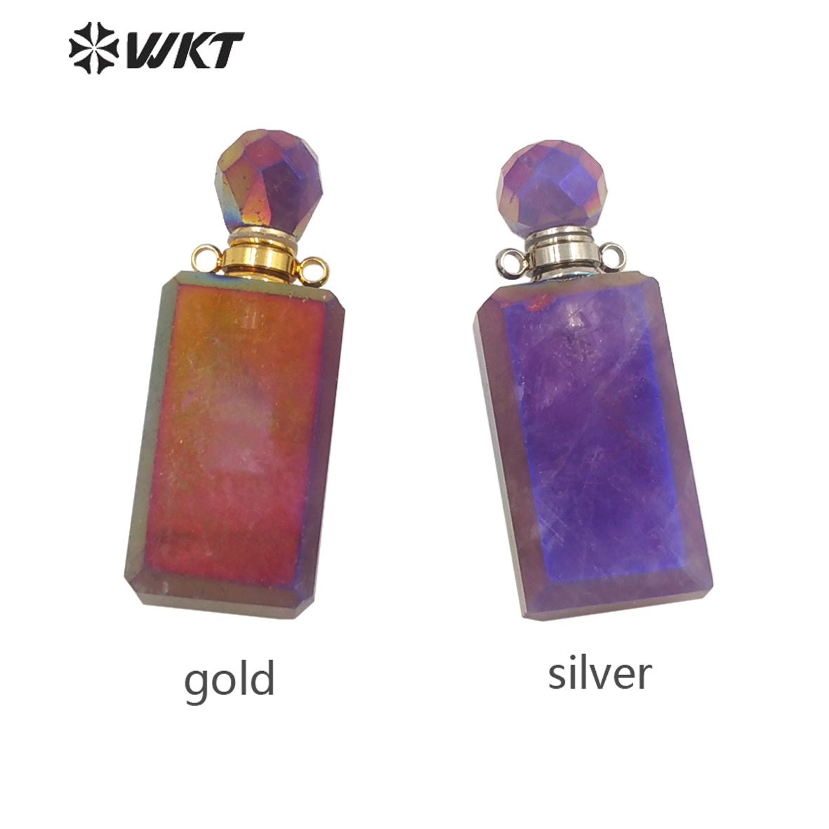 WT-P1645 Wholesale Newest Long square Amethyst Perfume Bottle Pendant for Necklace Design Stainless Steel Essencial Oil Bottle