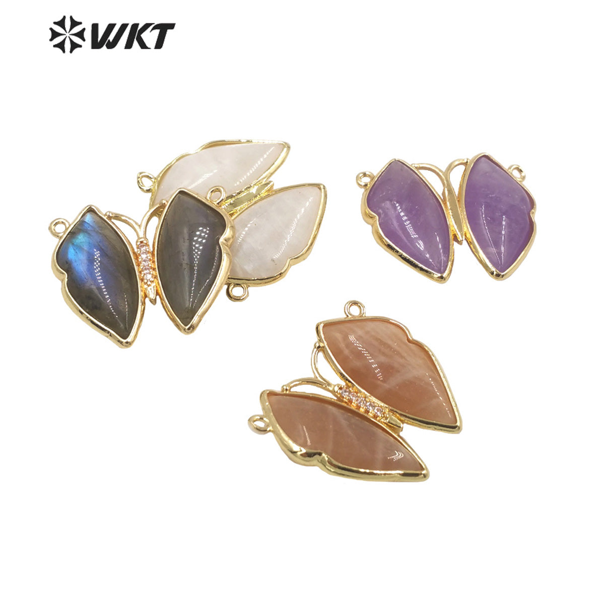 WT-P1881 Amazing Lifelike Lovely Natural Stone Butterfly Pendant Gold Double Loops Sun Stone Jewelry Pendant for Birthday Gift
