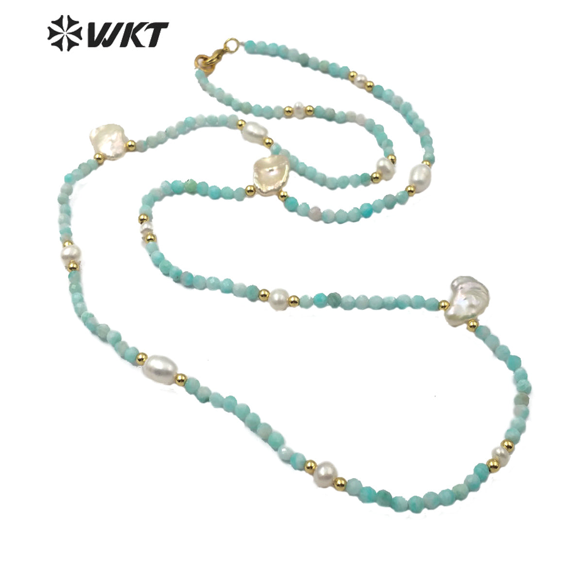 WT-N1181 Classic Fashion Pearl With 3mm Amazonite Faceted Beads Necklace Women High Quality Natural Amazonite Beads Necklace