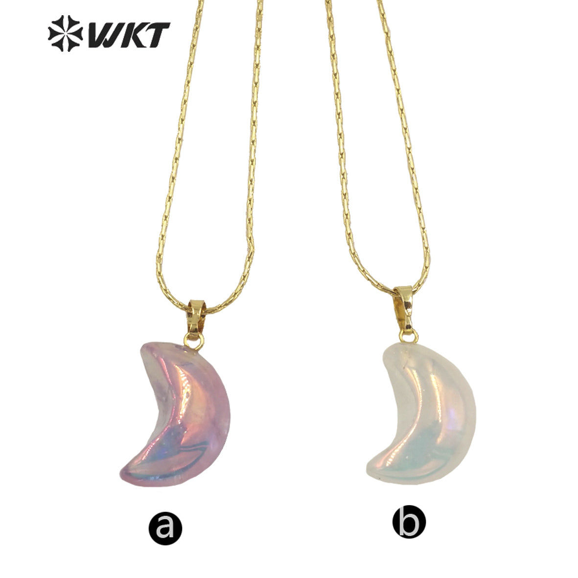 WT-N1335 Romantic Cute Shiny Crystal with Arua Pendant Necklace Moon Shape Natural Stones Amethyst with Aura Jewelry Necklace
