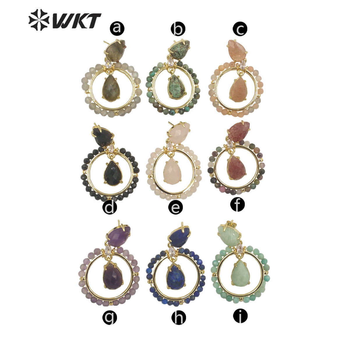 WT-E714 WKT Newest Summer Design Gorgeous Multi Natural Gemstone Big Hoop Earrings Gold Plated Lead Free Amazonite Stone Studs