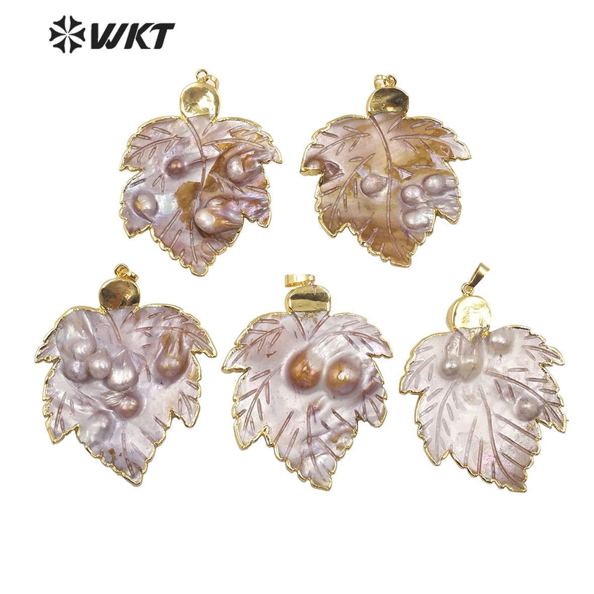 WT-JP192 Fashion Mother of Pearl Leaf Pendant Gold Plated Charm Jewelry Natural Leaf Shape Mother of Pearl Pendant