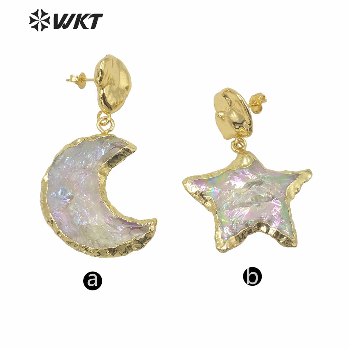 WT-E633 WKT Exclusive Natural Handmade Raw Crystal Quartz AURA Moon Earrings Fashion Gold Electroplated Raw Stone Star Earring