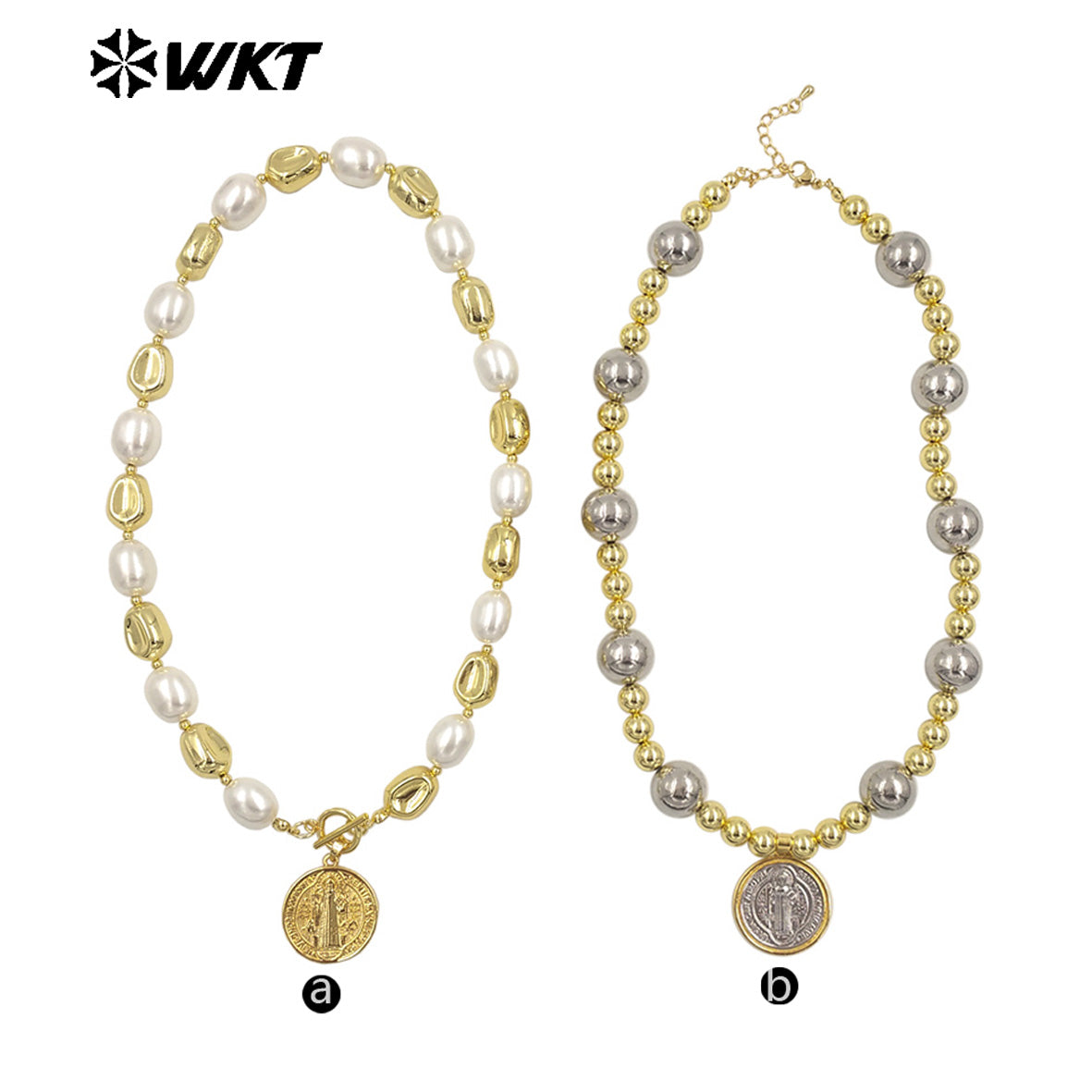 WT-JN303 Customize 18K Gold Plated and Silver Round Flat Pearl Beads Religious Shell Necklace Fashion Special Jewelry for Ladies