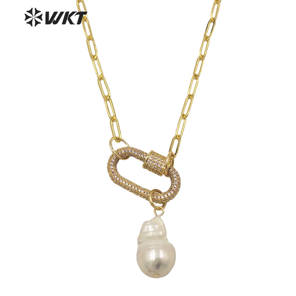 WT-JN152 Wholesale Fashion Gorgeous Natural Freshwater Baroque Pearl Necklace Gold Micropaved CZ Clasp Decorative Pearl Necklace