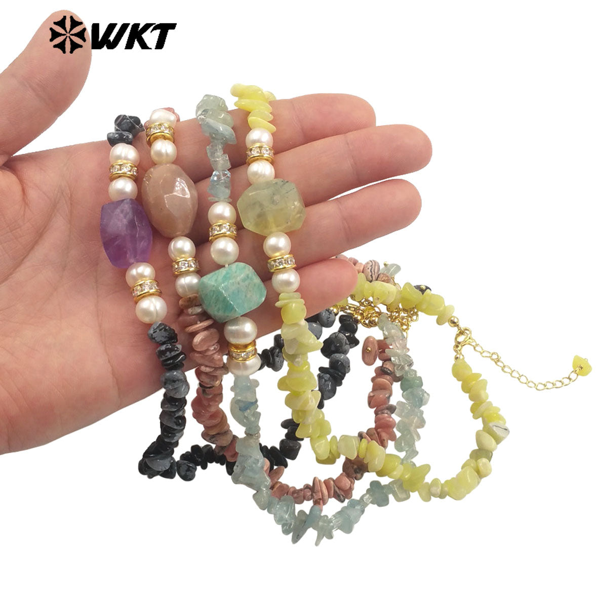 WT-N1484 Beautiful Natural Colorful Gemstones Necklace With Tiny Stone and Pearl Little Zircon Gold Plated Special Ladies Gift