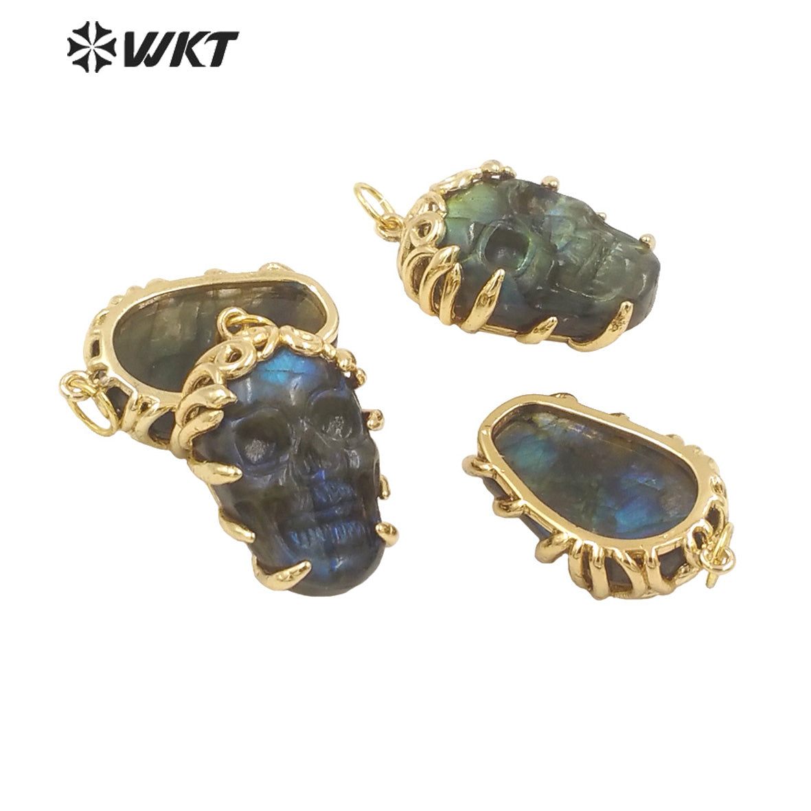 WT-N1462 Hollowen Unique Gift 18K Real Gold Plated Skull With Bezel Setting Labradorite Stone Pendant Necklace