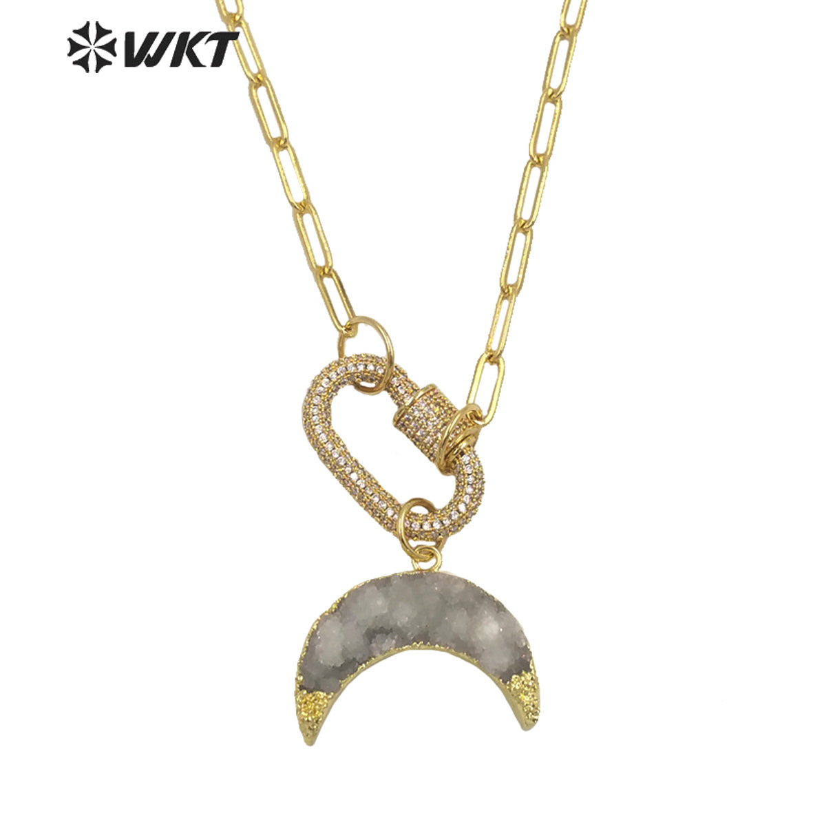 WT-N1302 WKT New Women Natural Druzy Quartz Gold Crescent Horn Pendant Necklace 18K CZ Clasp Connector Stone Crescent Necklace
