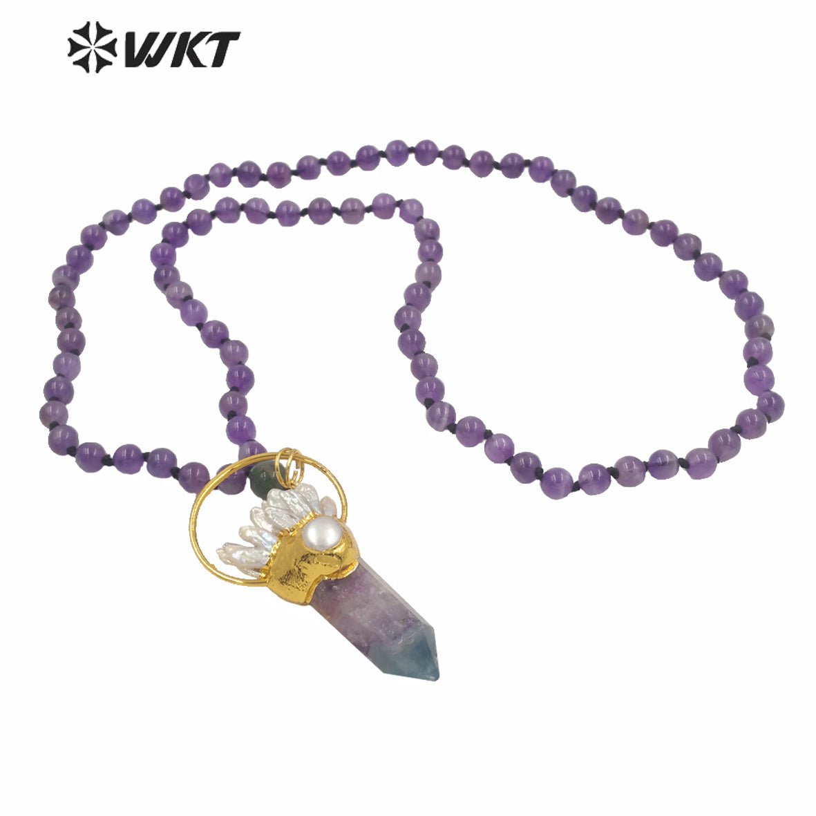 WT-N1246 Wholesale Women Gorgeous Long Beads Stone Fluorite Necklace Gold Fashion Big Chunky Spirit Point Stone Necklace