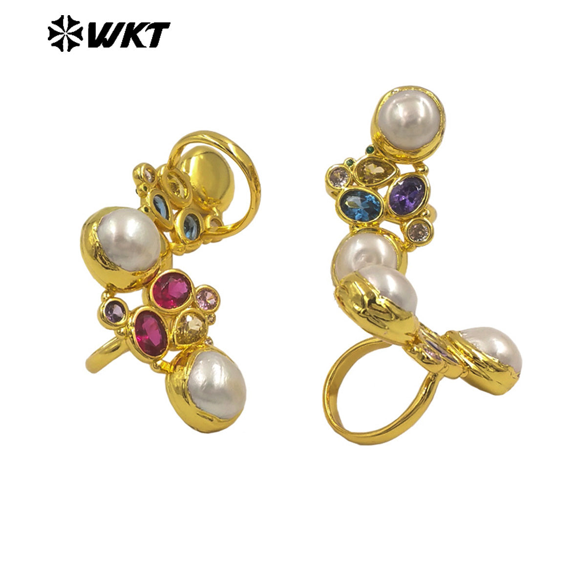 WT-MR042 Wholesale Amazing Pearl Ring With Cubic Zircon Adjustable Size Gold Plated Elegant Fashion Style Ladies Jewelry