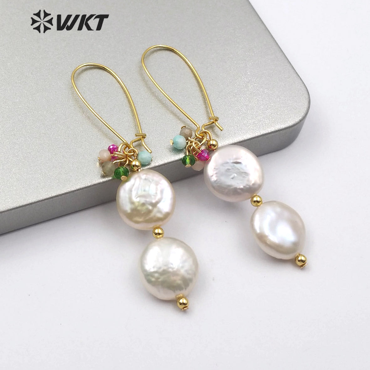 WT-E576 Hot-sale Natural Double Pearl Earring With Crystal Beads Women Stylish Jewelry Pearl Earring Lady Charm Earring
