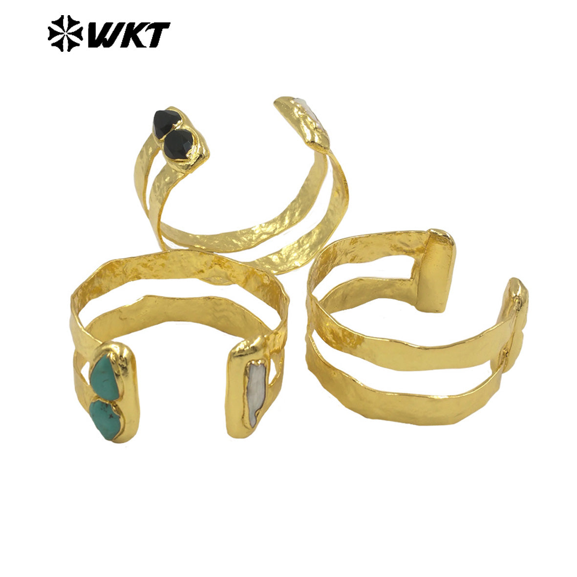 WT-B656 Wholesale Fashion New Gold Plated Resist Tarnishable Multi Stone Setting Freshwater Pearl and Amazonite Bangle