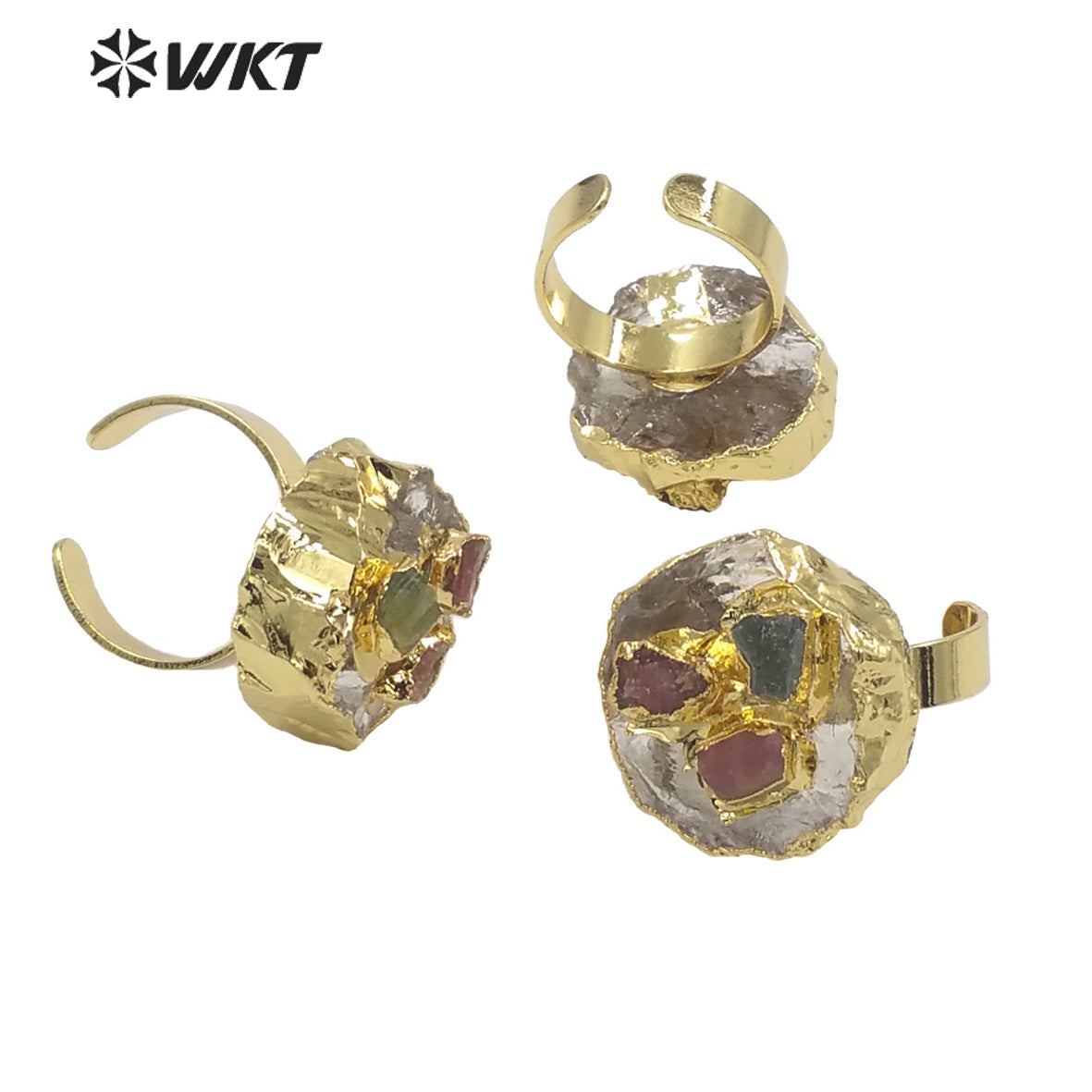 WT-R400 Vintage Natural Crystal Quartz Pendant Tourmaline Inlaid Ring Noble Gas 18k Gold-plated Women Ring Gemstone Rings
