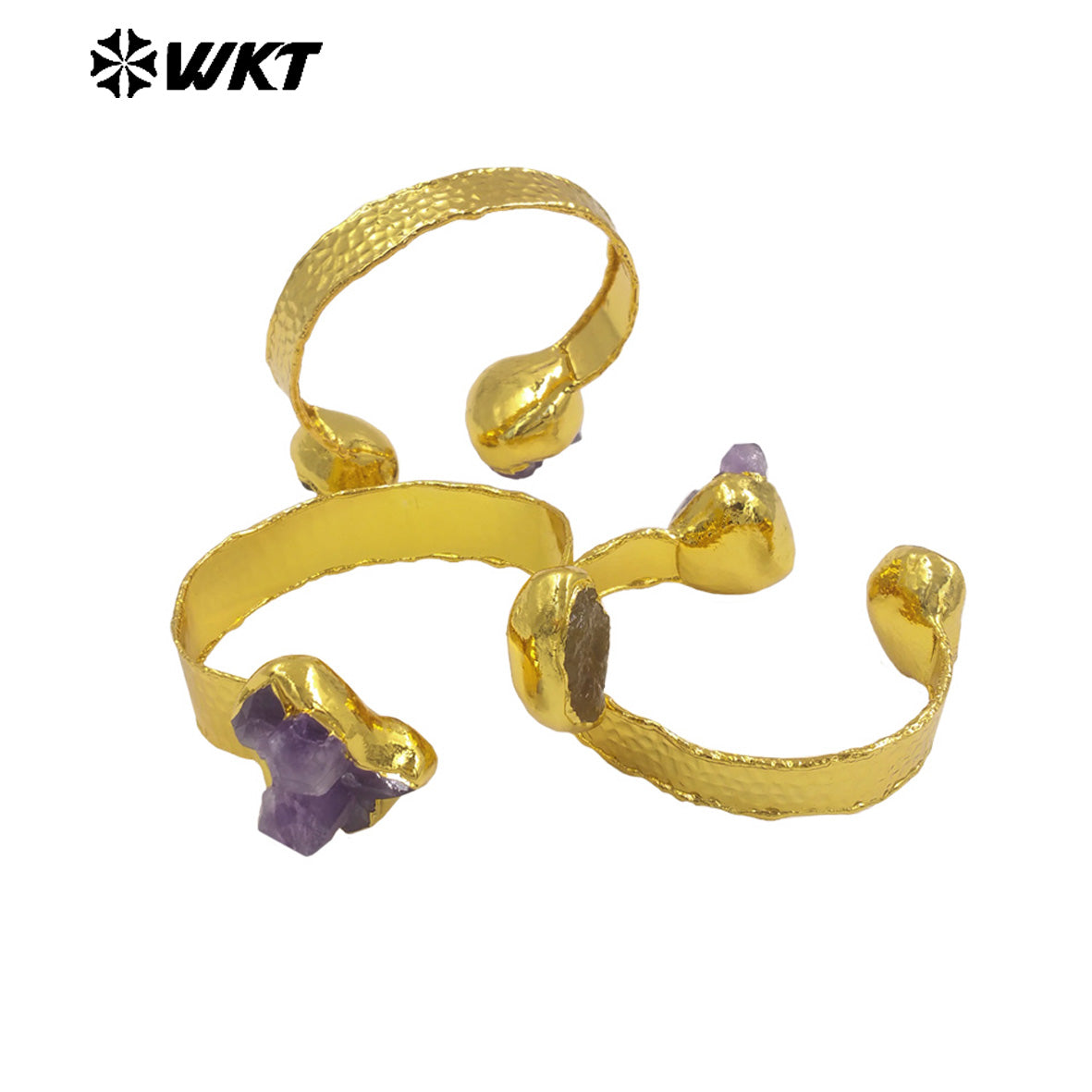 WT-B700 Fashion Raw Quatrz And Natural Irregular Amethyst Stone Gold Plated Bangles Women Jewelry Wearing On Vacation