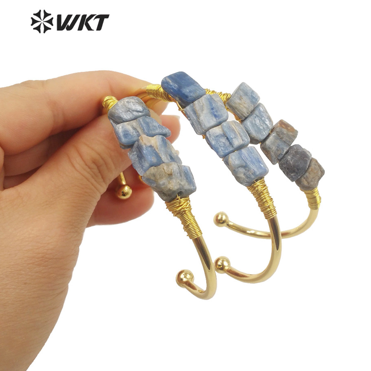 WT-B596 WKT Blue Natural Stone Blue Kyanite Opening Adjustable Gold Plated Bangle Beautiful Women Fashion Vintage Style Bangle