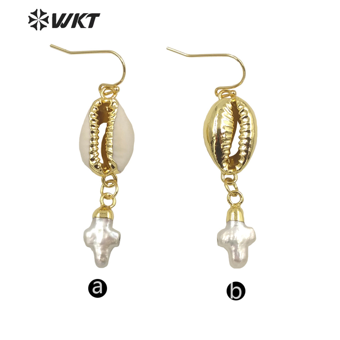 WT-MPE058 Gorgeous 18k Gold Electroplated Resist Tarnishable Natural Cowrie Shell with Pearl Charm Earrings Lady Shell Earrings