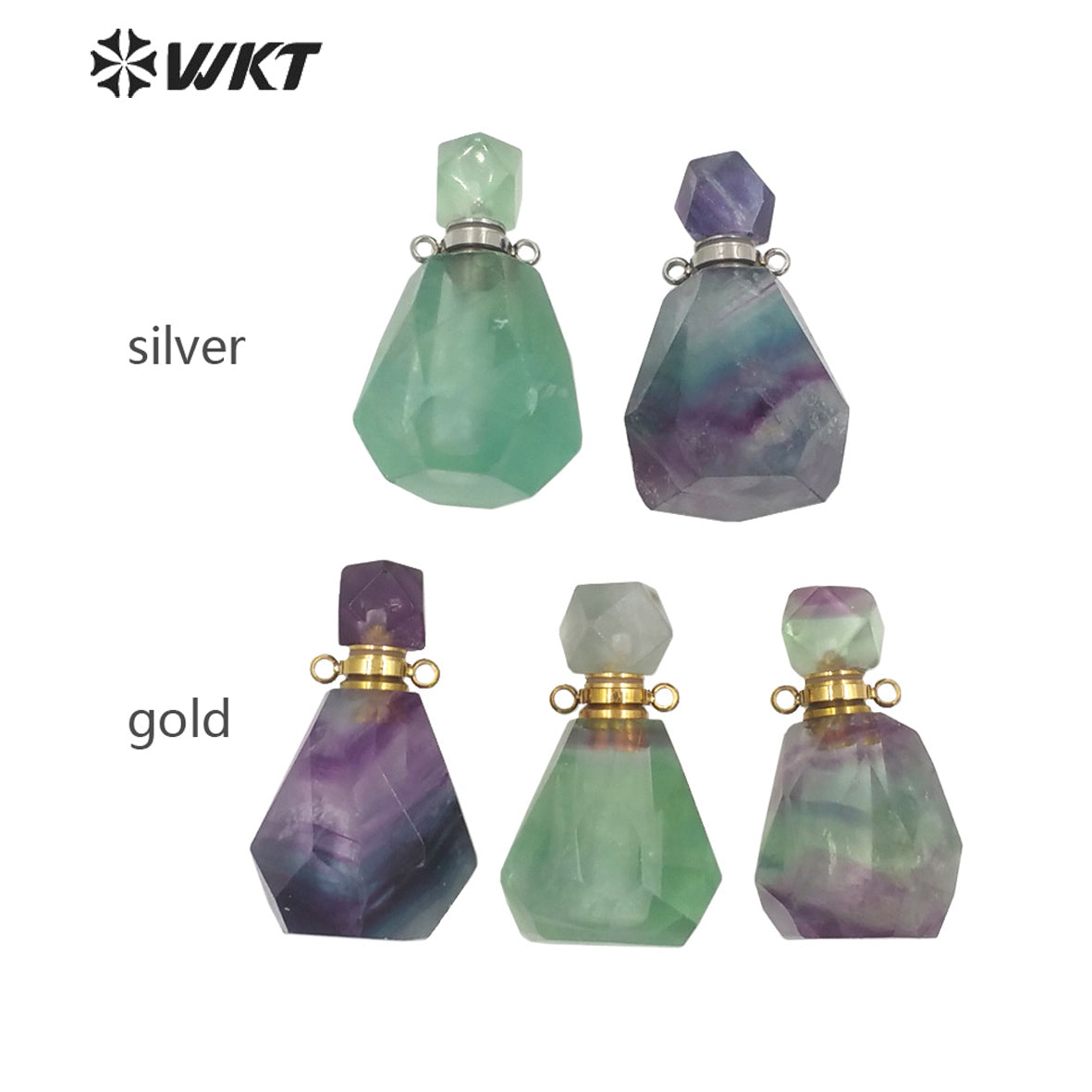 WT-P1670 WKT New Color Gorgeous Natural Rainbow Fluorite Stone Perfume Bottle Pendant with Stainless Steel Jewelry Findings