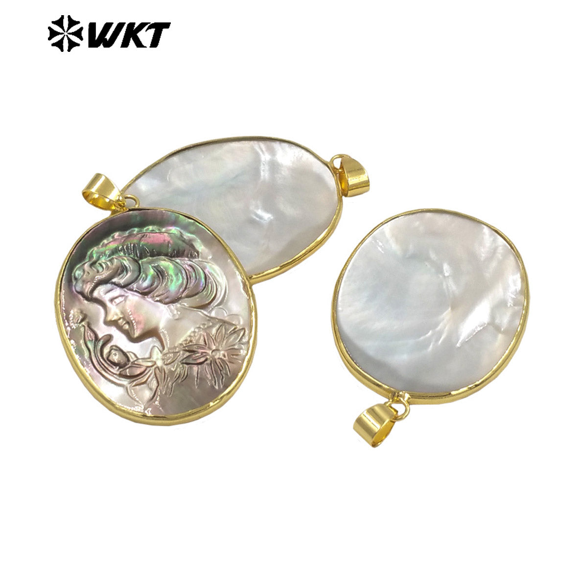 WT-JP426 High Quality Natural Shell Gold Plated Hand Carved Lady Head Pattern Pendant Women Vintage Style Accessories