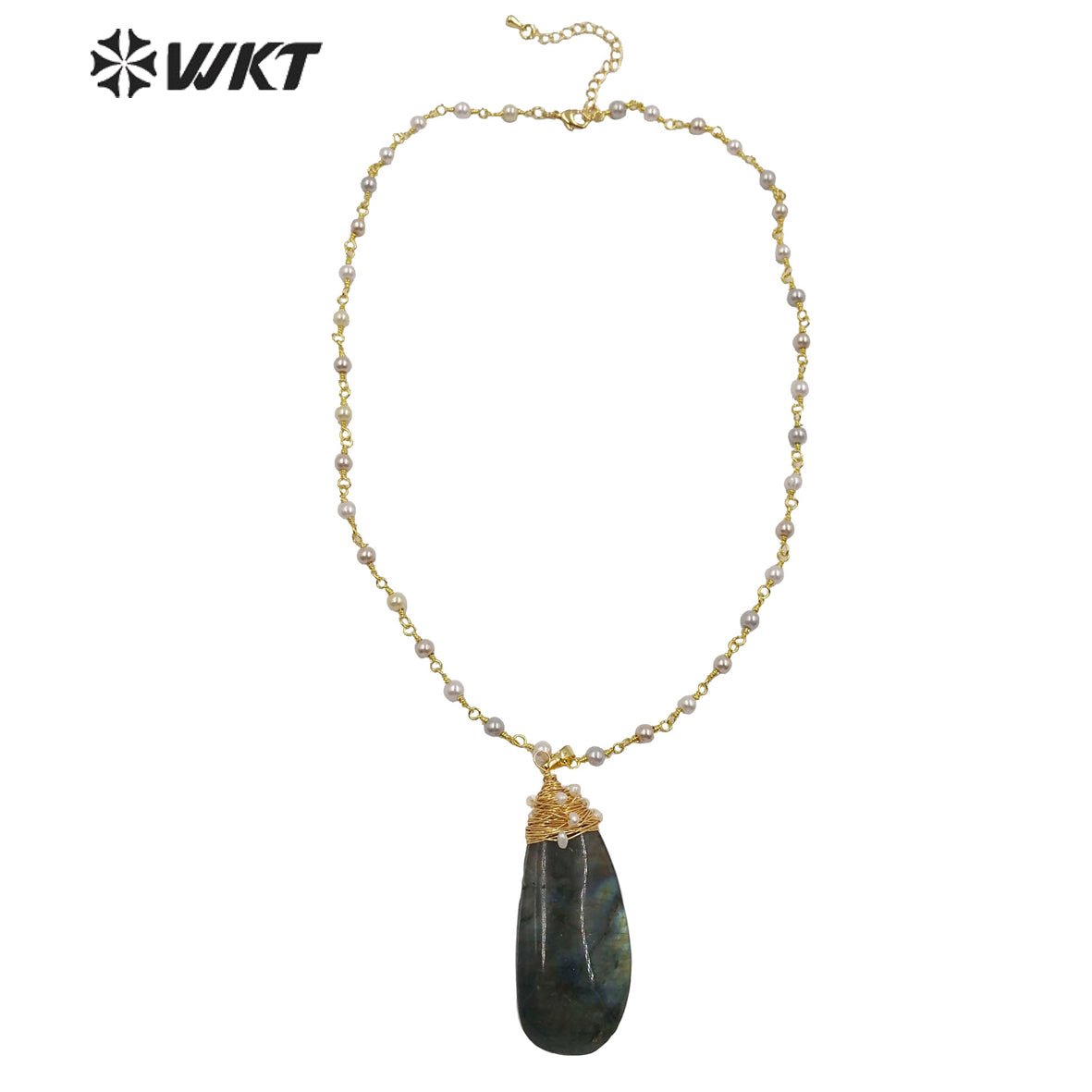WT-N1216 Wholesale Labradorite Necklace Stone Pendant With Pearl Necklace Fashion Lady Jewelry Natural Labradorite Necklace