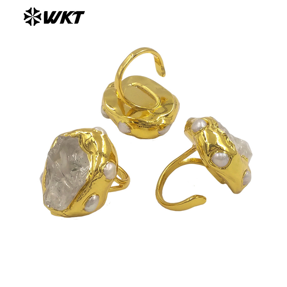 WT-MPR135 Top Quality Excellent Women And Men Jewelry Gold Electroplated With Raw Crystal Quartz Stone Adjustable Size Rings