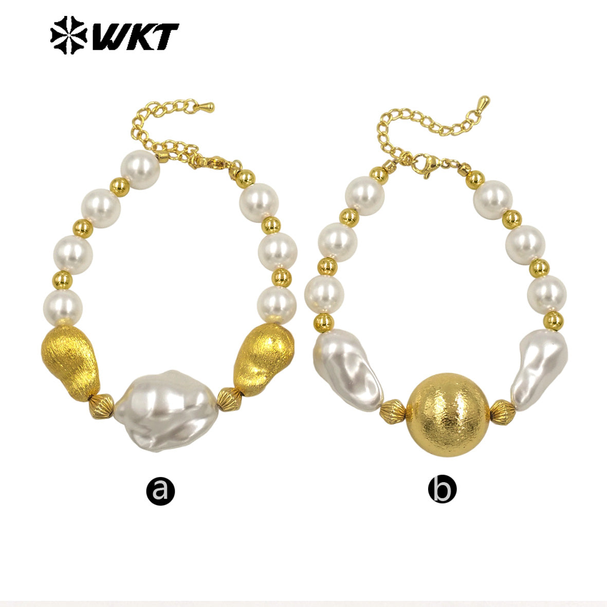 WT-MPB120 New Cute Style Large White Irregular Beads Gold Round Beads Artificial Pearl Bracelet for Girls As Daily Decoration