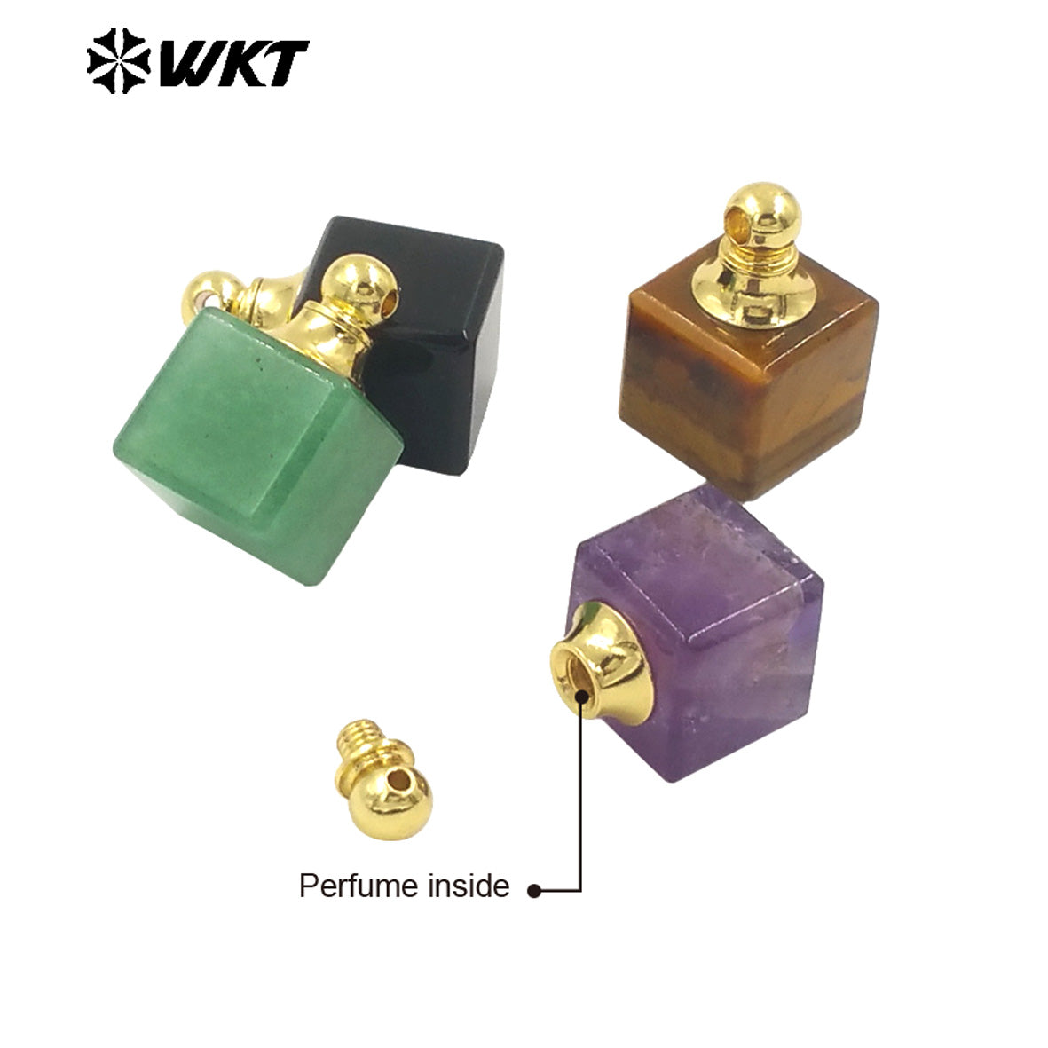 WT-P1978 New Design Wholesale Natural Gemstone Cubic Square Essencial Oil Stone Bottle Pendant for Necklace