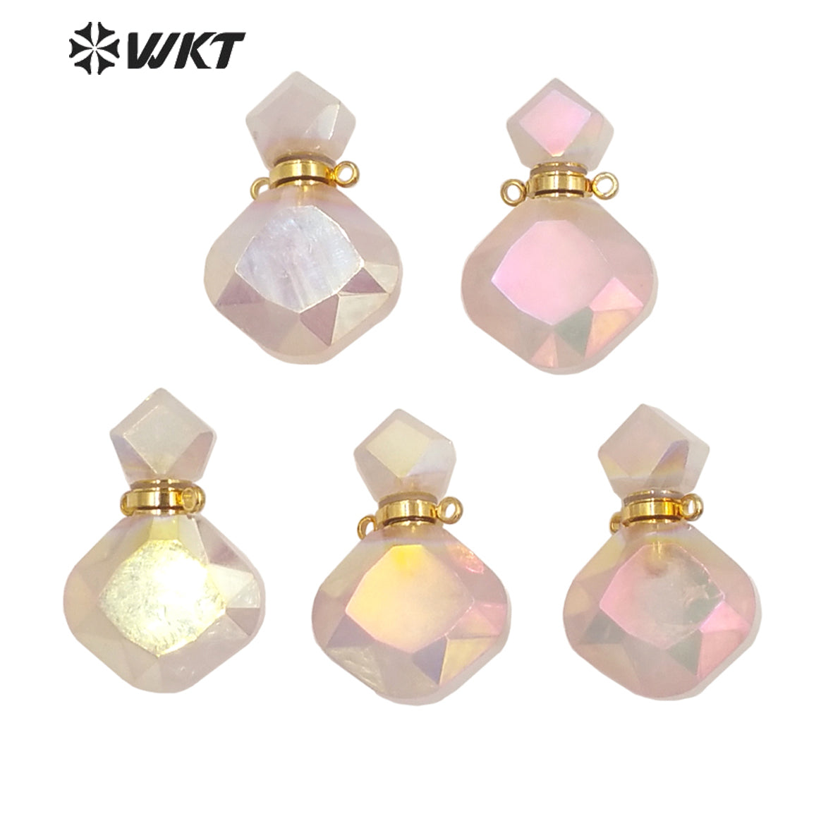 WT-P1675 WKT New Natural Gemstone Rose Quartz Aura Perfume Bottle Jewelry Pendant Lady Elegant Small Charm Stone Perfume Bottle