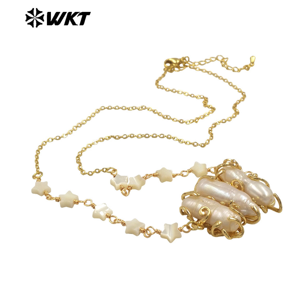 WT-JN302 Wholesale Popular Exquisite 18K Gold Plated Star Beads Inlaid Oval Large Pearl Necklace for Girl As Anniversary Gift