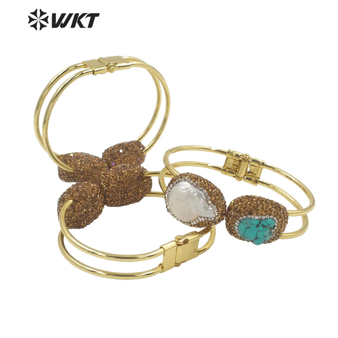 WT-MPB086 WKT 2023 New 18k Gold Plated Turquoise and Freshwater Pearl Cuff Bangle Boho Rhinestone Make Stone Bangle for Gift