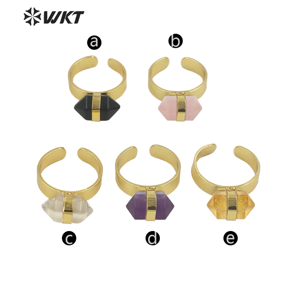 WT-R385 WKT 2022 Beautiful Crystal Amethyst Black Obsidian Hexagon Rings Natural Stone Rings Gold Plated Quartz Point Ring
