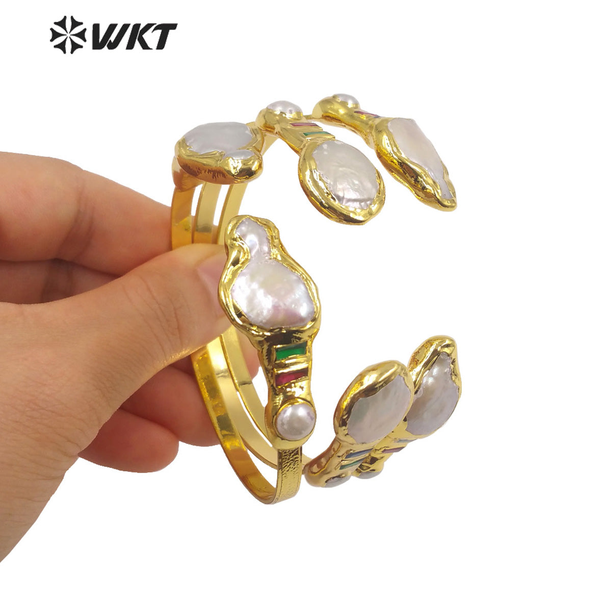 WT-MPB076 Fashion Freshwater Pearl Bangle 18k Real Gold Plated Double Pearl Gorgeous Delicate Women Bangle in Adjustable