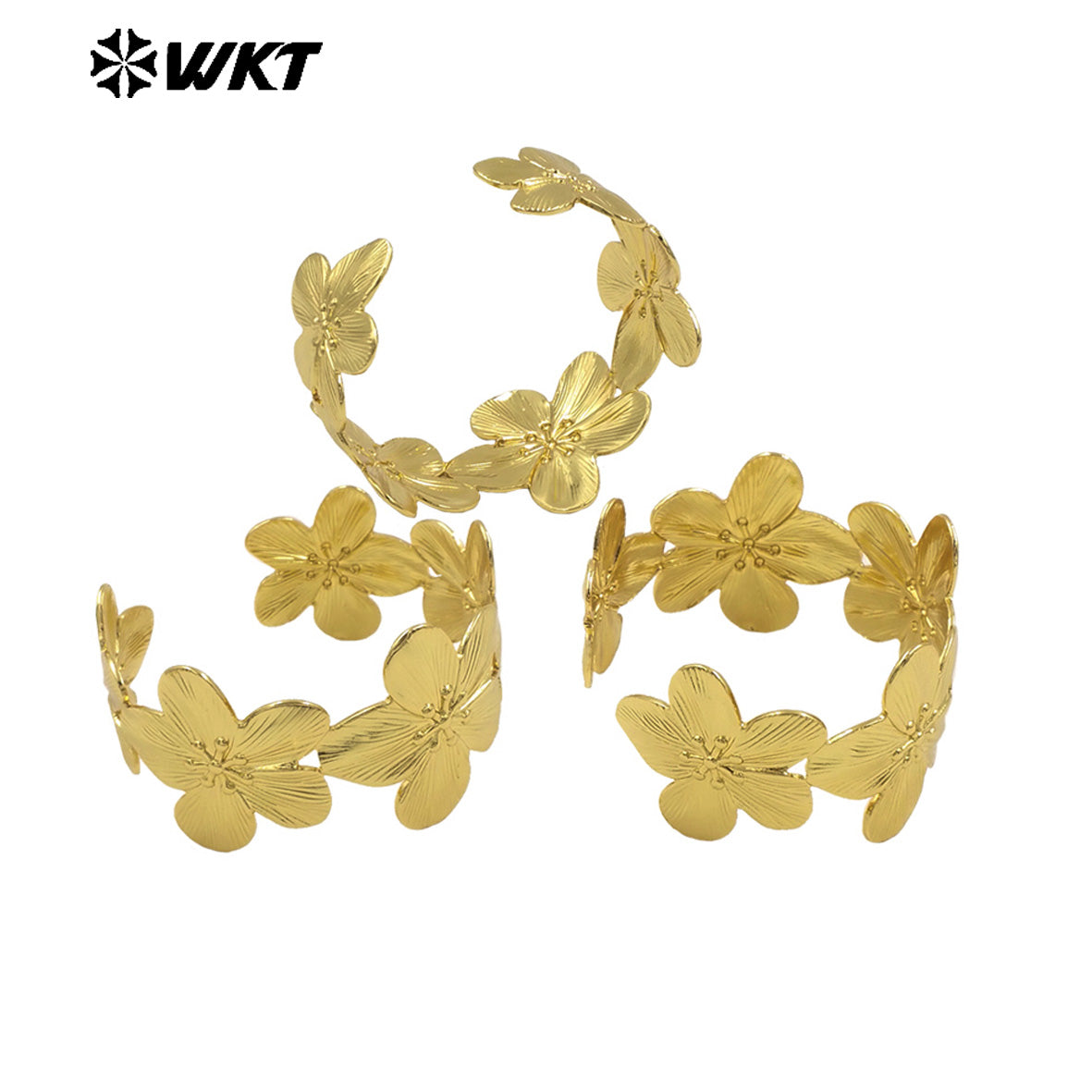 WT-B673 New Beautiful 18K Gold Plated Natural Yellow Brass Flower Shape Wide Bracelet Jewelry Finished for Women As Special Gift