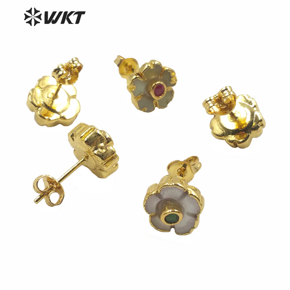 WT-MPE026 Amazing Tiny Cubic Zircon White Shell Flower Studs Charming Gold Plated Women Shell Studs Tiny Flower Studs