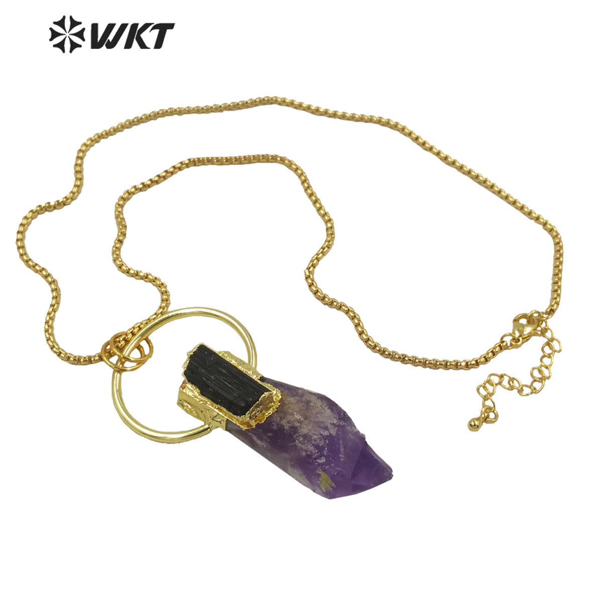 WT-N1266 Gorgeous New Big Amethyst Point Energy Stone Necklace Lady Lucky Stone Necklace With Gold Plated in 18 Inch Long